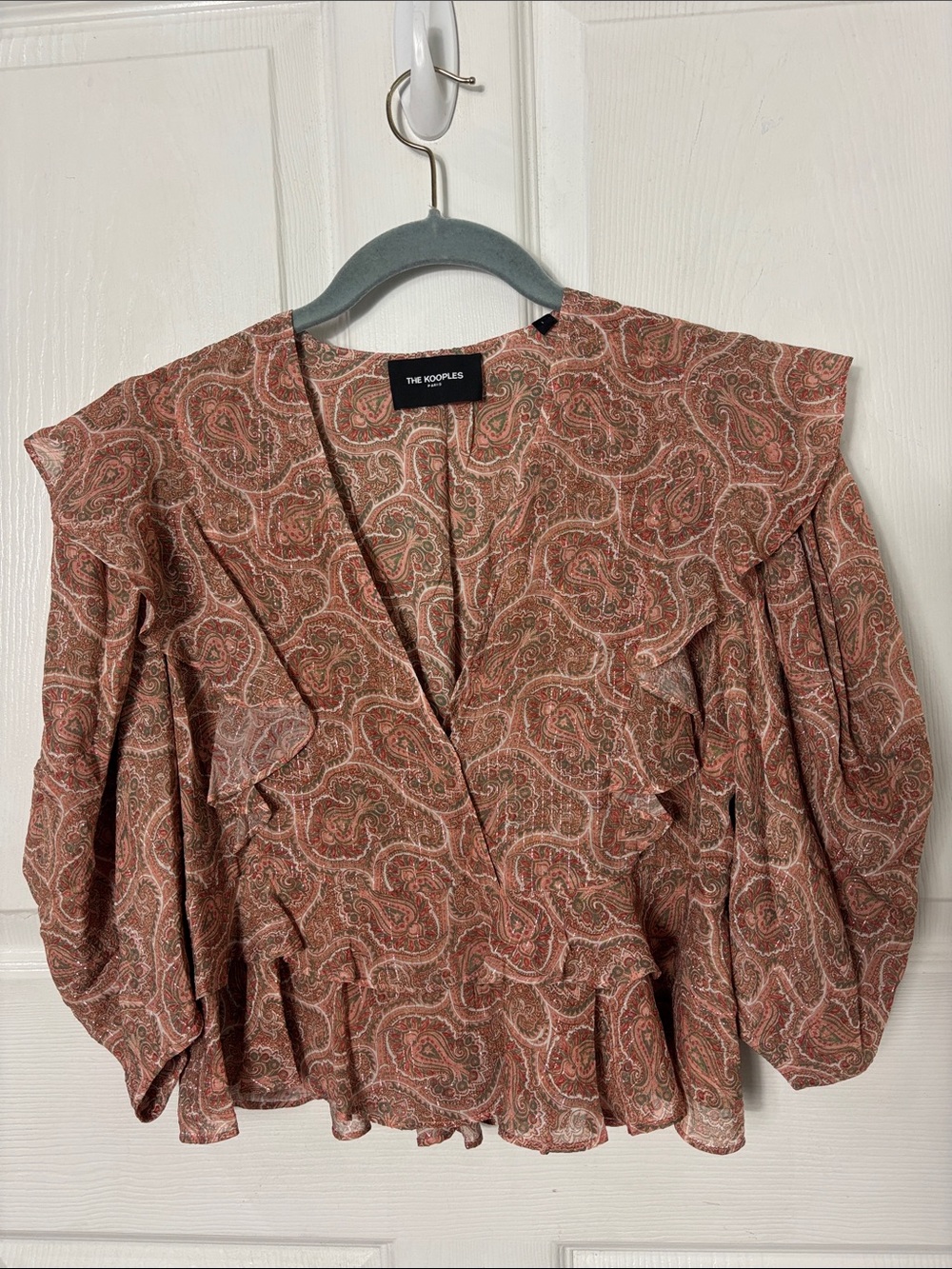 The Kooples Rust Paisley Ruffle Peplum Silk Viscose Blouse metallic accent sz S